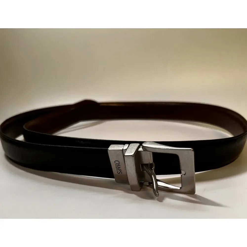 CHAPS Reversible Belt Black & Brown Mens 40-46 Leather Silver tone Buckle Preppy